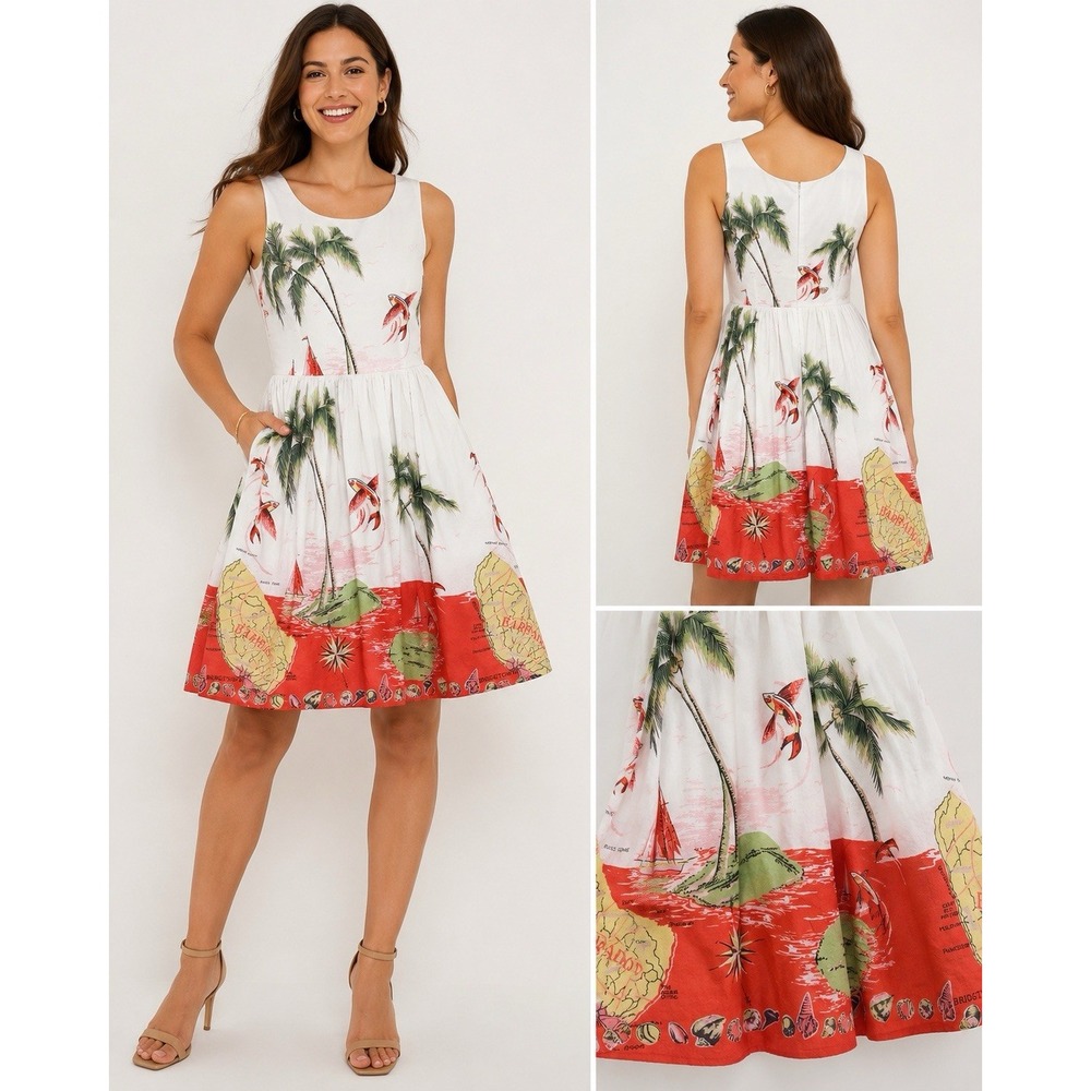 J. Crew Barbados Postcard Print Dress Sleeveless Cotton Fit Flare size 12 #8
